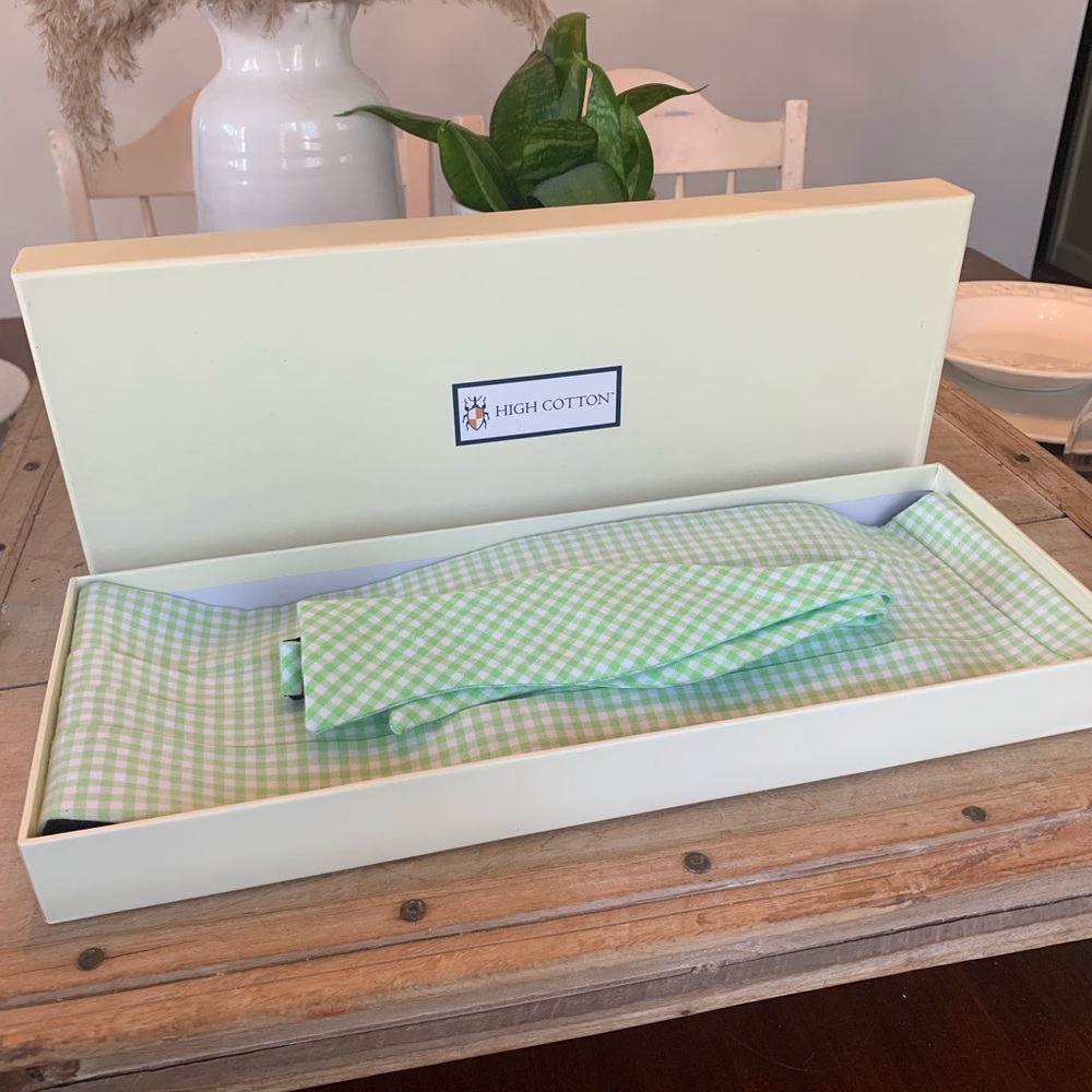 High Cotton Light Green  Gingham Cummerbund Bow Tie Set, Handmade North Carolina